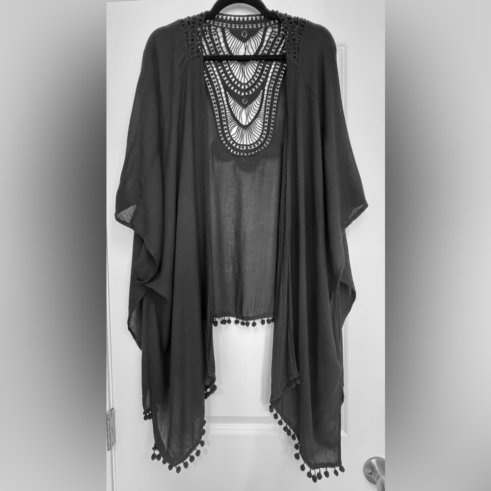 Black Sheer Kimono Shawl with Embroidered Detail